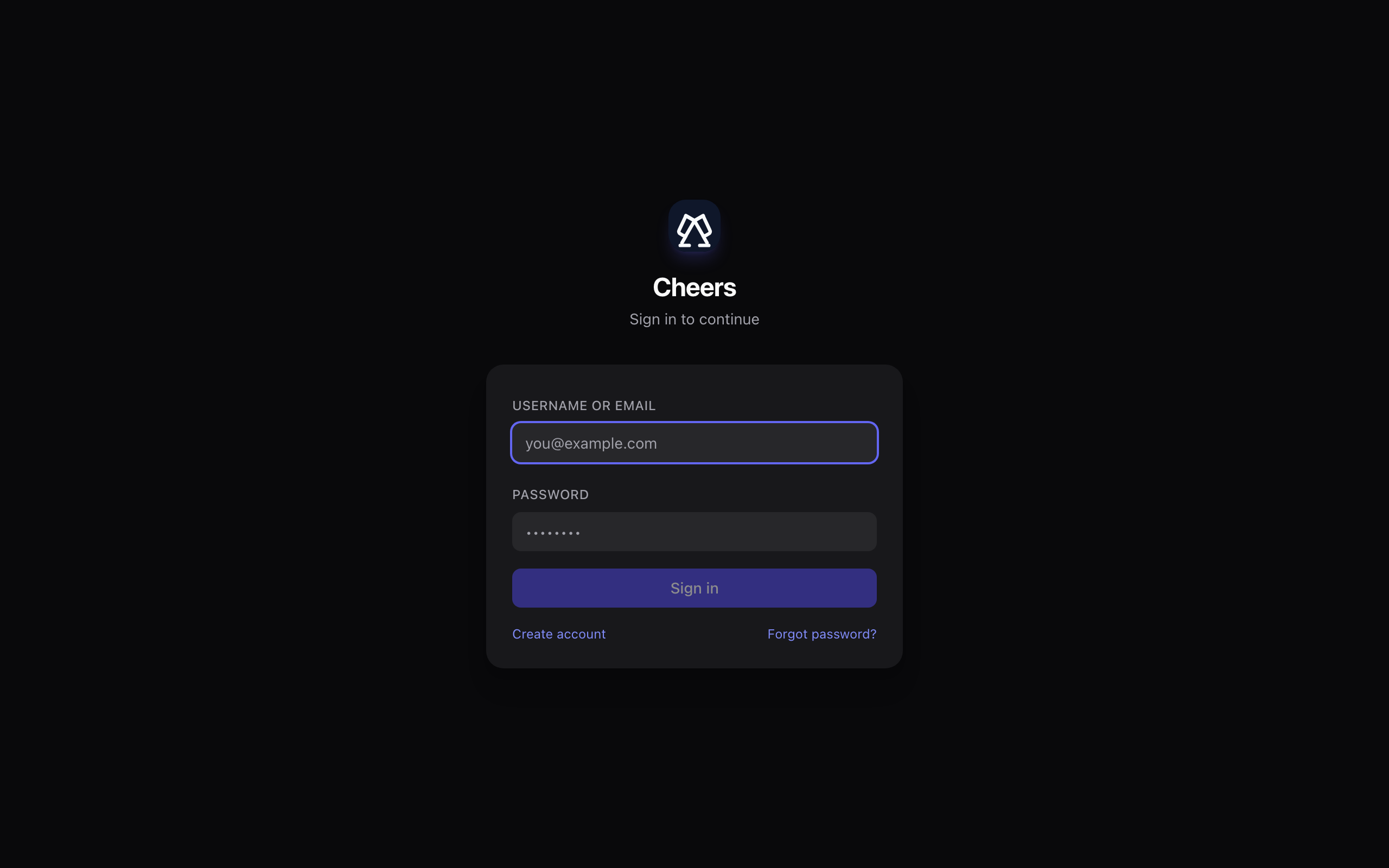 The Cheers sign-in screen at www.tocheers.com: the Cheers logo, a 'Sign in to continue' prompt, username/email and password fields, a Sign in button, and Create account / Forgot password links.